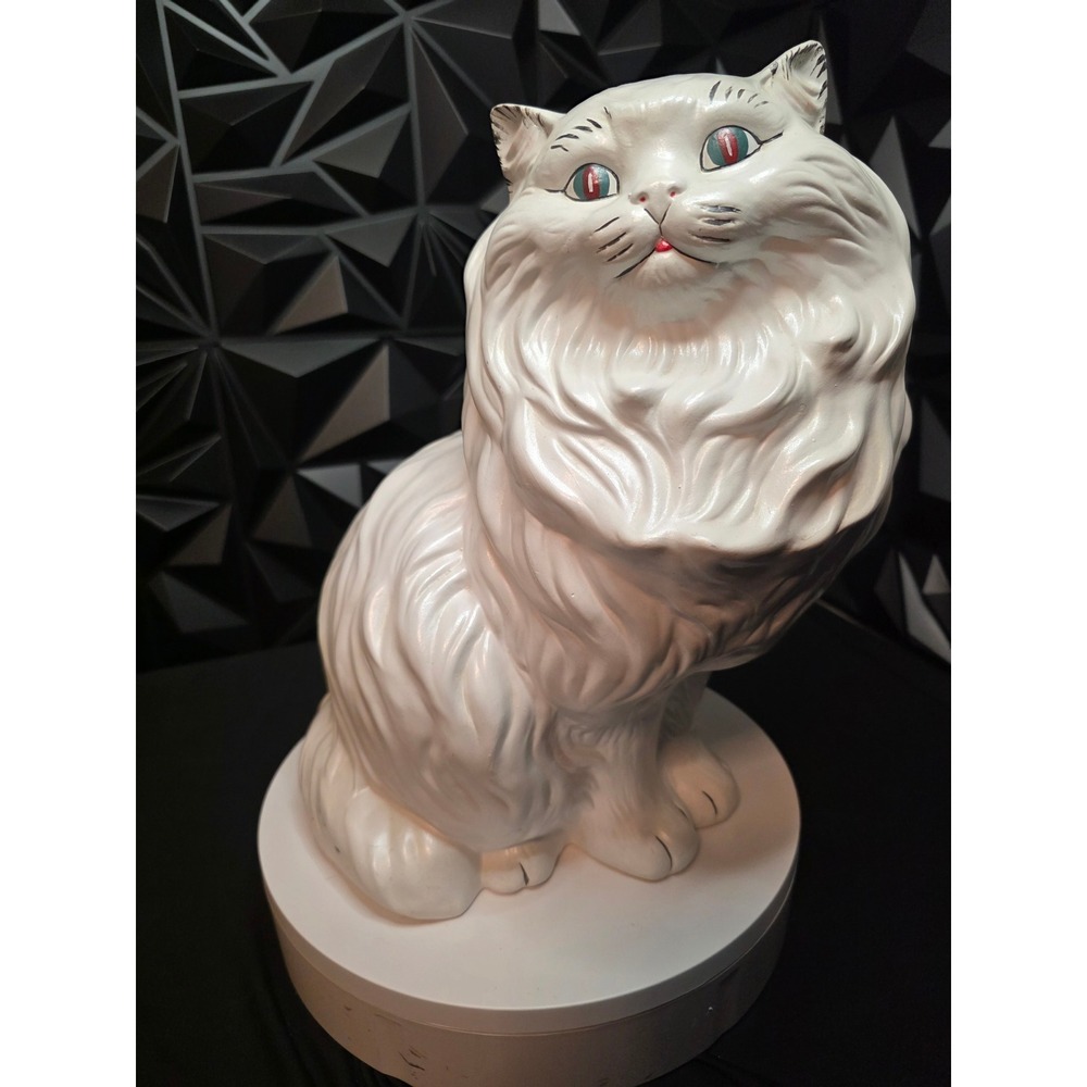 13 Inch Seated Vintage Large White Ceramic Persian Cat Statue Figurine Glossy